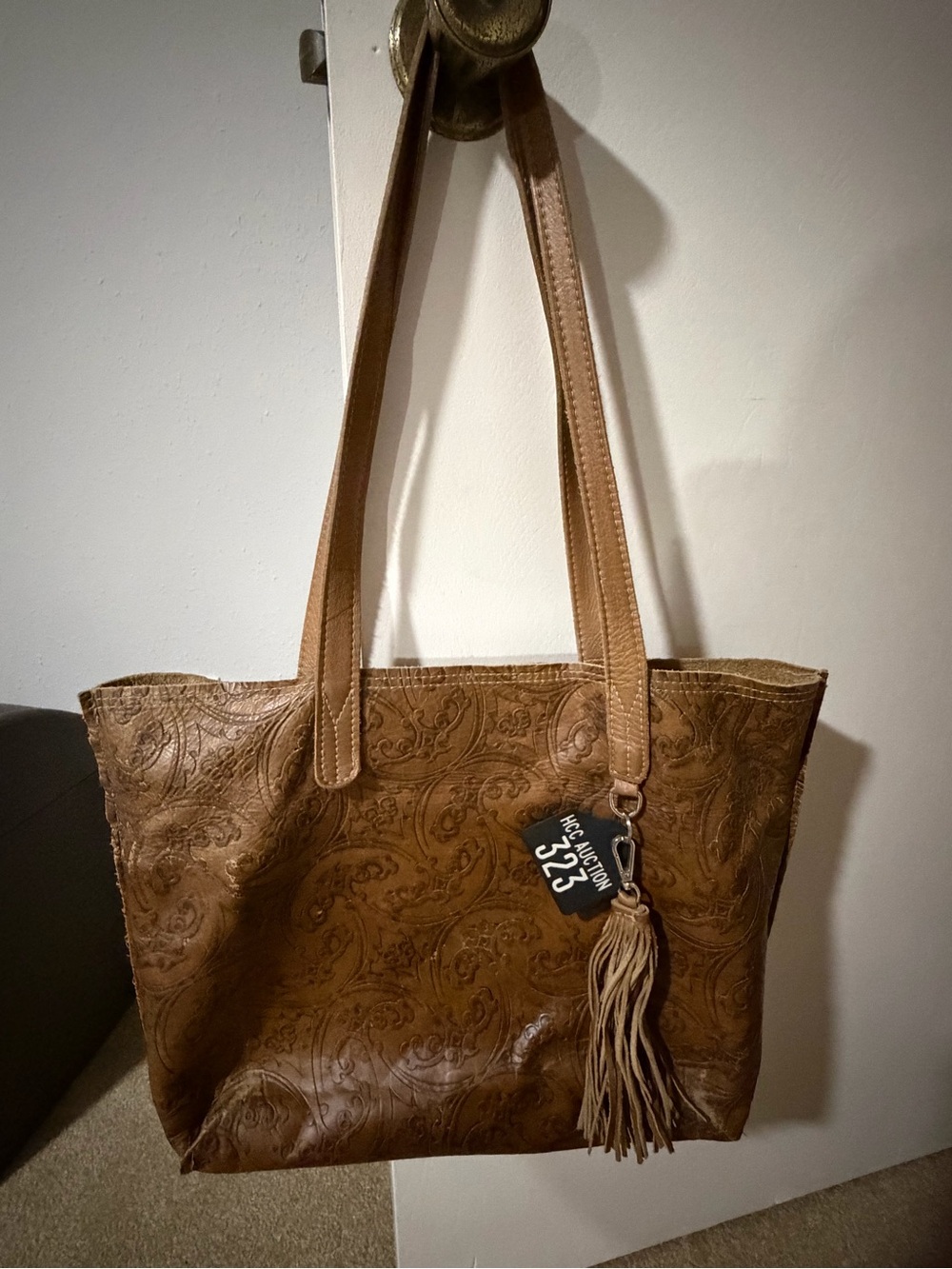 Brown Embossed Leather Tote Bag with Tassel
